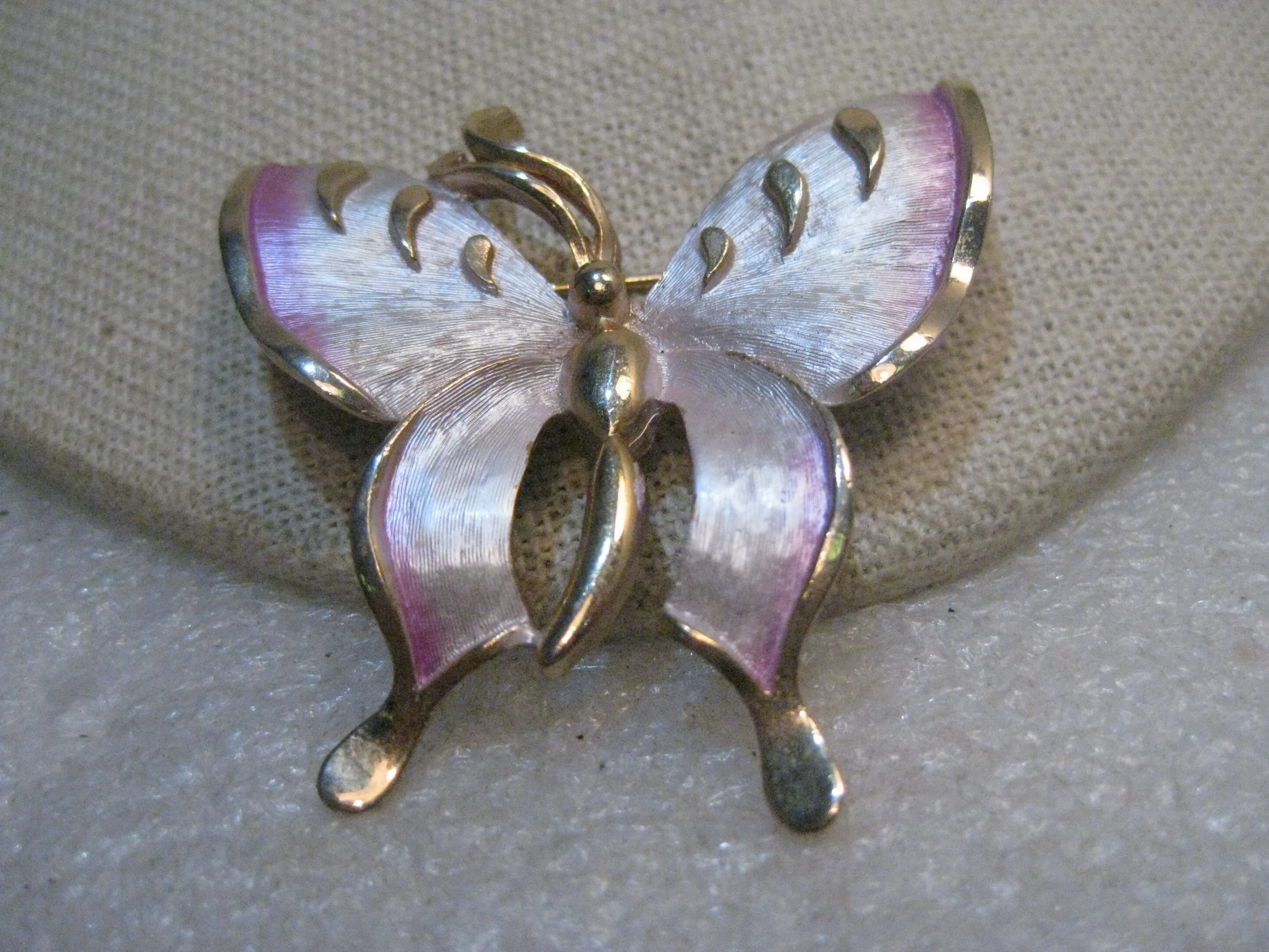 Vintage Two Tone Butterfly Brooch, Pink Enameling, 2", 1960's