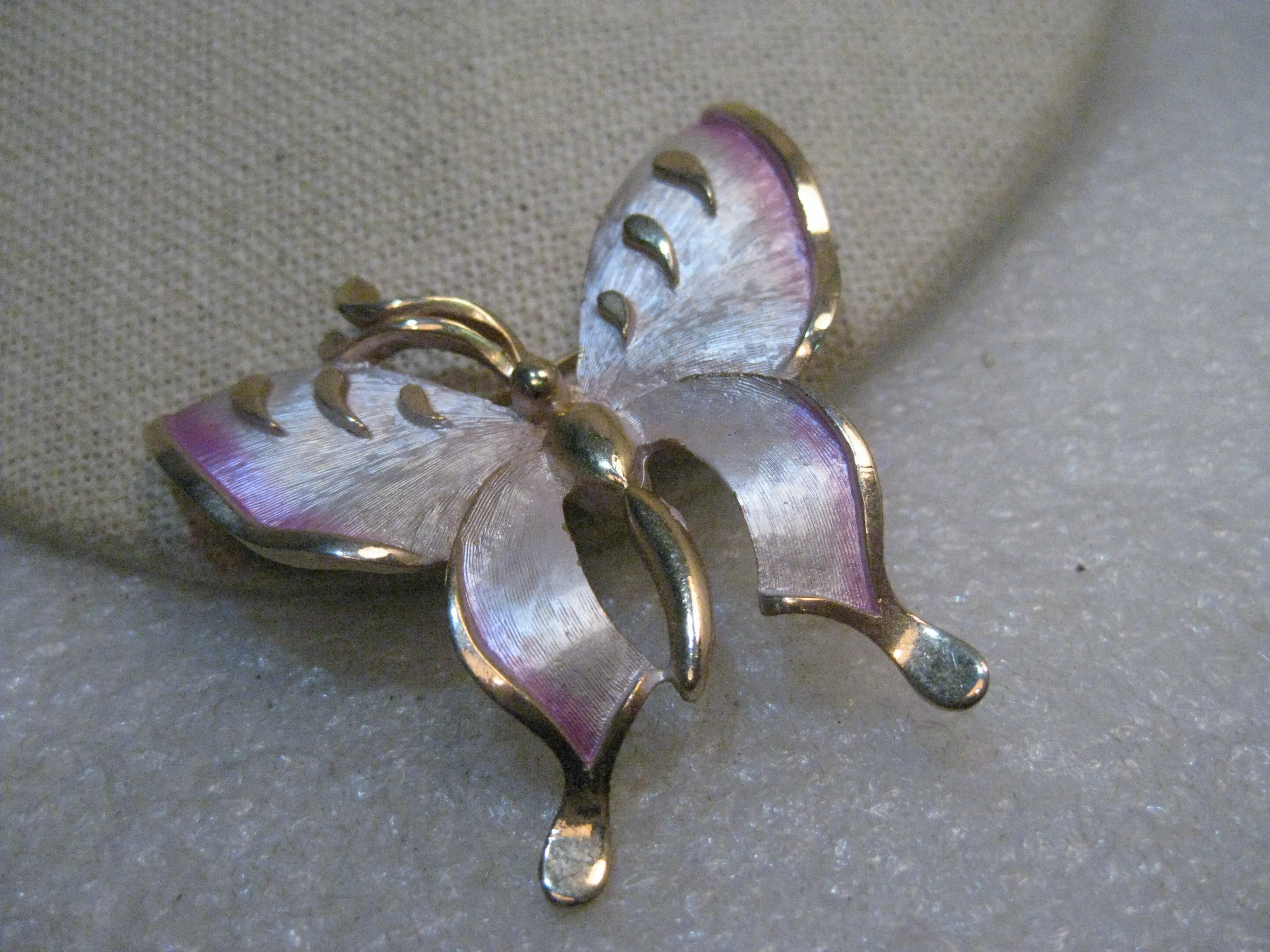 Vintage Two Tone Butterfly Brooch, Pink Enameling, 2", 1960's