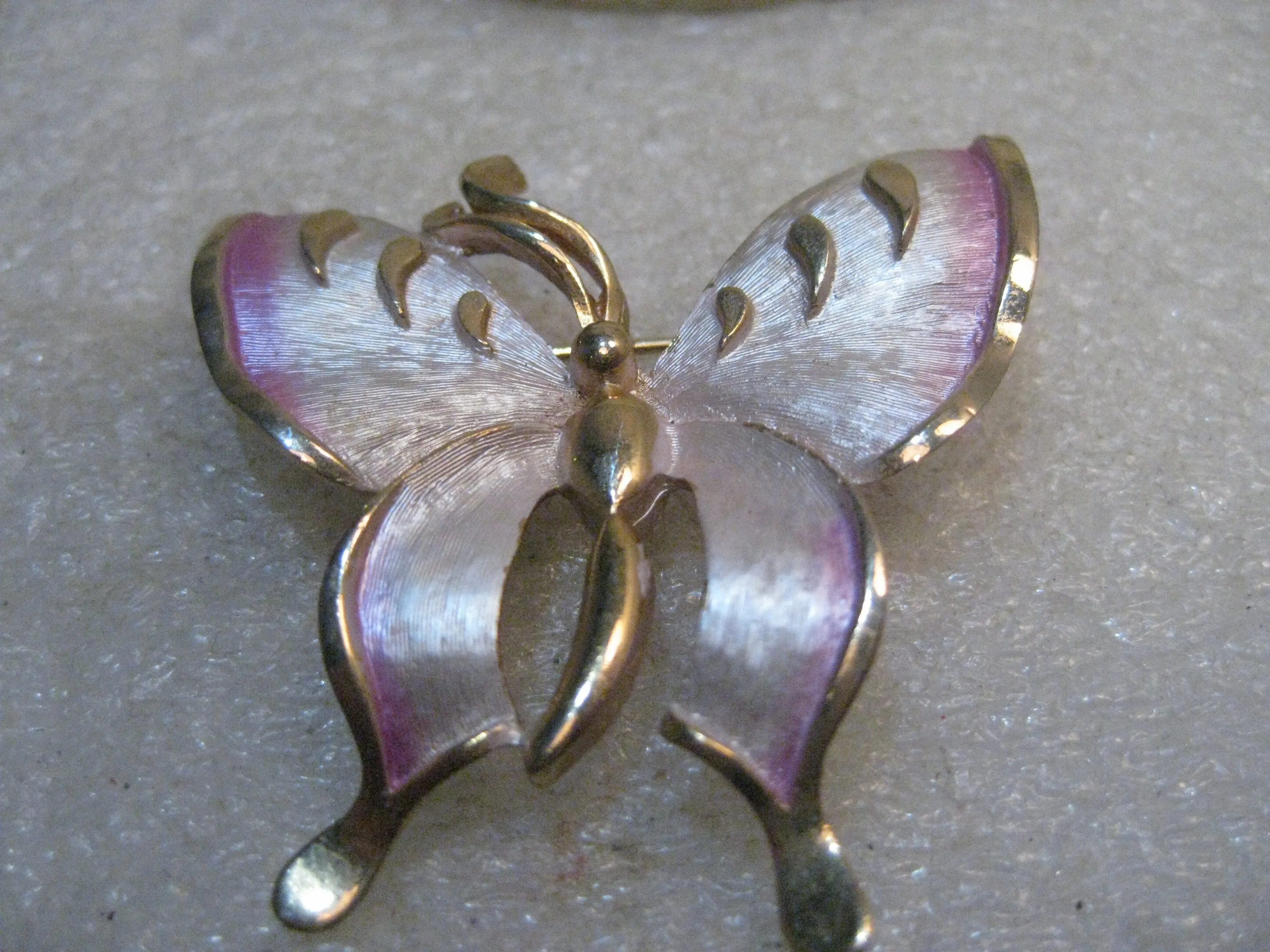 Vintage Two Tone Butterfly Brooch, Pink Enameling, 2", 1960's