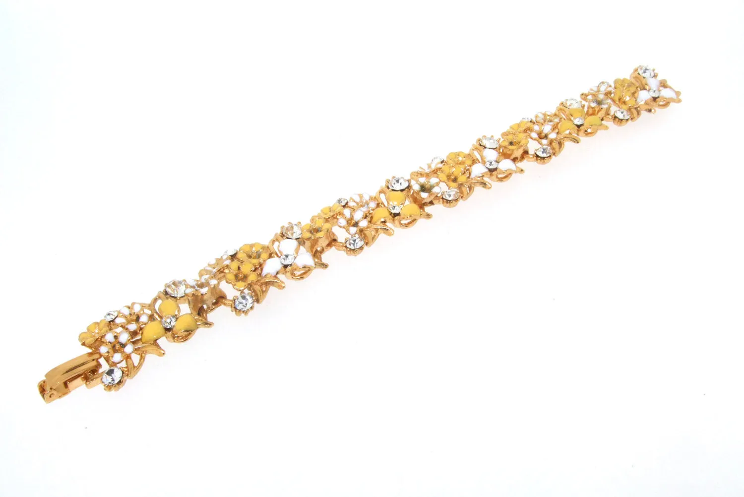 Yellow Bracelet Floral White Enamel Gold Vintage Style